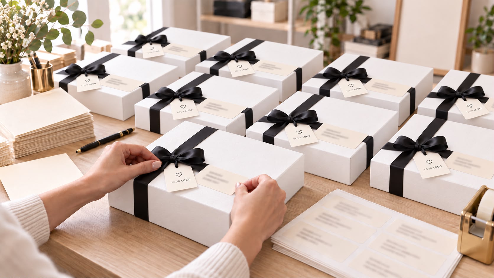 A hundred boxes being tagged and packed by hand