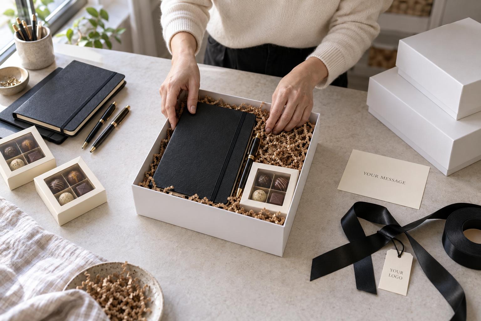 Packing a gift box by hand with a custom card and logo tag